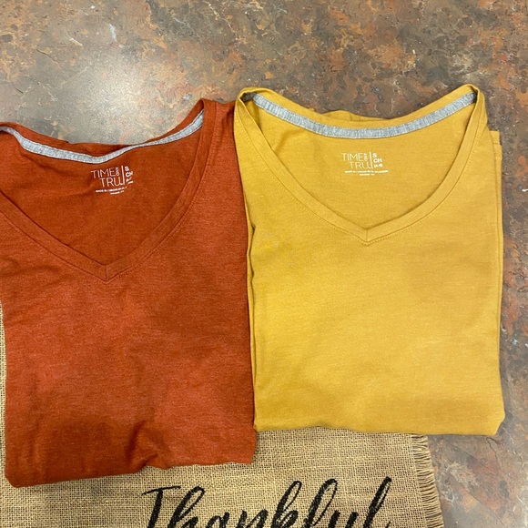 Lot Of 2 Time And Tru V-Neck Tees Small Burnt Orange & Gold Mustard - Picture 1 of 15